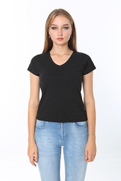 Rooted Kadın V Yaka Basıc T-shırt % 100 Cotton