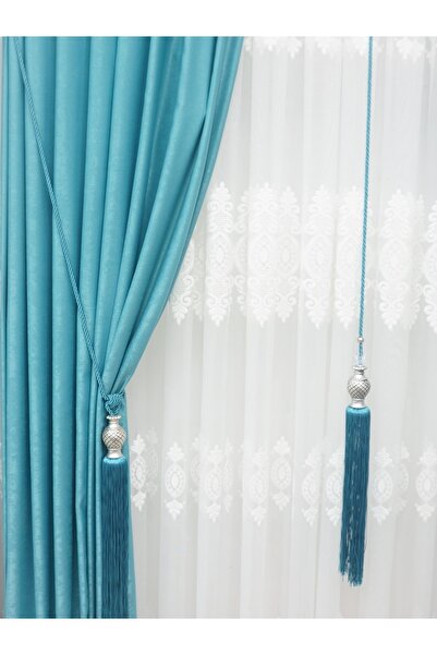 FAONN Fon Perde Tavan Bağlama Toplu Braçol Perde Seti Petrol Mavisi