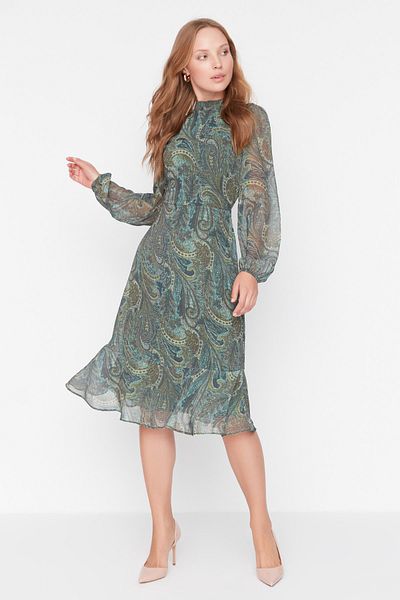 Trendyol Collection Grünes Schalmuster – gewebtes Winterkleid mit Volant TWOAW23EL01436