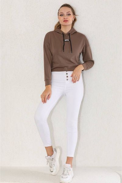 MYA Basic Brown Hooded Crop Sweatshirt, Long Sleeve Crop, 2 Thread Sweatshirt, Seasonal Crop