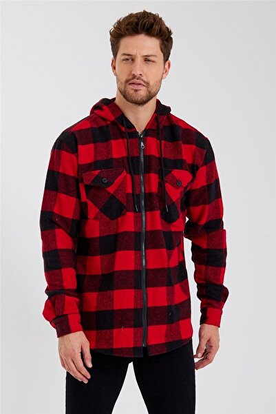 COOL TARZ Erkek Kırmızı Ekoseli Çift Cepli Kapüşonlu Oduncu Gömlek-frmodg001r06s