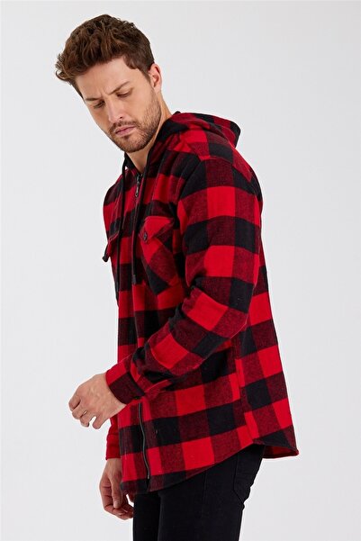 COOL TARZ Erkek Kırmızı Ekoseli Çift Cepli Kapüşonlu Oduncu Gömlek-frmodg001r06s
