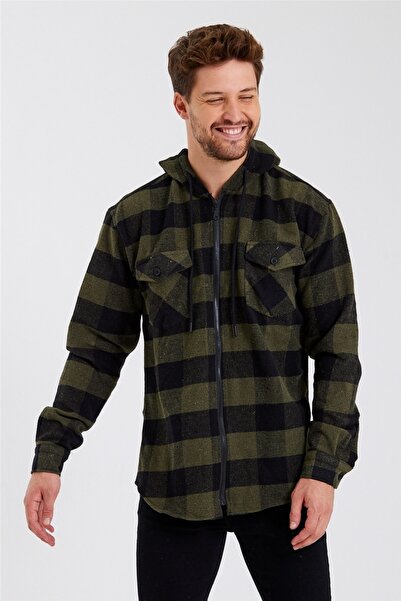 COOL TARZ Ανδρικό πουκάμισο ξυλοκόπος με διπλή τσέπη σε χακί καρό με κουκούλα