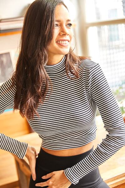 Olalook Bluză cu guler neagră cu dungi neagră de damă din Lycra BLZ-19002030