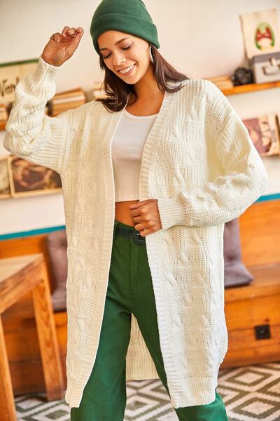 Olalook Kadın Ekru Saç Örgülü Kalın Triko Hırka HRK-19000171