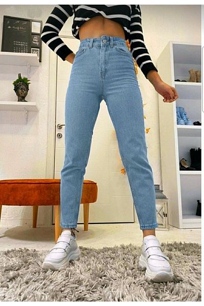 LİMABEL Alexix Blue Mom Jeans Lycra Talie Înaltă Blue Snow Washed Mom Jeans Extra Comod