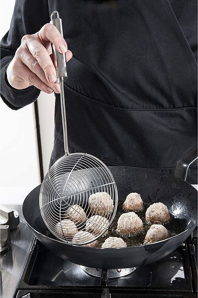 qussine Stainless Steel Frying Colander Oil Strainer Metal Handle Colander Scoop 36cm