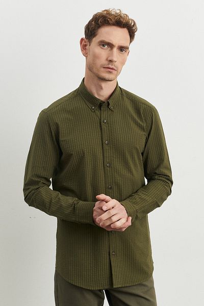 ALTINYILDIZ CLASSICS Ανδρικό πουκάμισο Χακί Slim Fit Slim Fit με γιακά 100% βαμβακερό σχέδιο