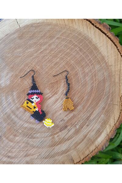 SEARD Miyuki Boncuk El Yapımı Sevimli Cadı Süpürge Küpe Halloween Cadılar Bay...