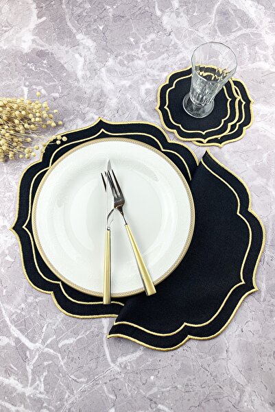 WEARE2 Черен комплект от 4 части със златна двойна бродерия: подложки за хран...