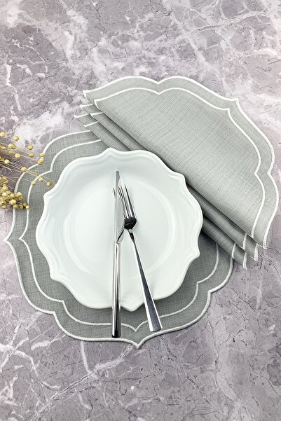 WEARE2 مفارش أطباق مطرزة بطبقة مزدوجة باللون الرمادي والأبيض مكونة من 4 قطع
