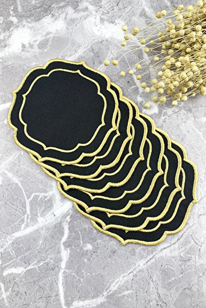 WEARE2 منديل كوكتيل مطرز باللون الأسود والذهبي مزدوج مكون من 6 قطع