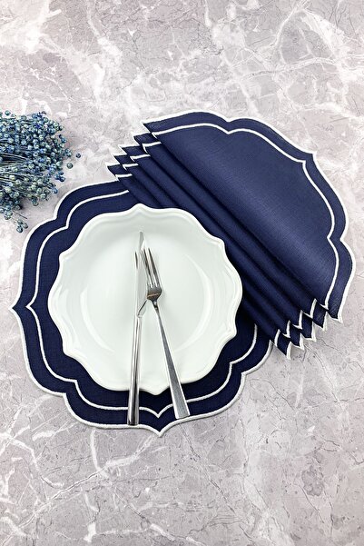 WEARE2 مفارش أطباق مطرزة بطبقة مزدوجة باللون الأزرق الداكن وأبيض اللون مكونة ...