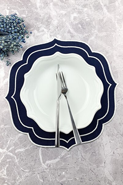 WEARE2 مفرش طاولة مطرز باللون الأزرق الداكن وأبيض مزدوج