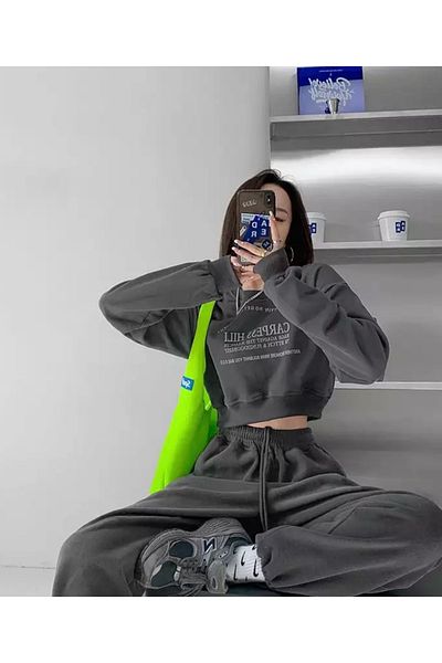 BE QUEEN Ειδικής παραγωγής Carpess Hılı Printed 100% Cotton Oversize Full Winter γυναικεία φόρμα αθλητικής φόρμας