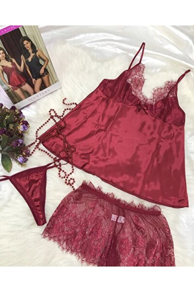 Nurteks Kadın Bordo Saten Dantelli Şortlu Takım 5519