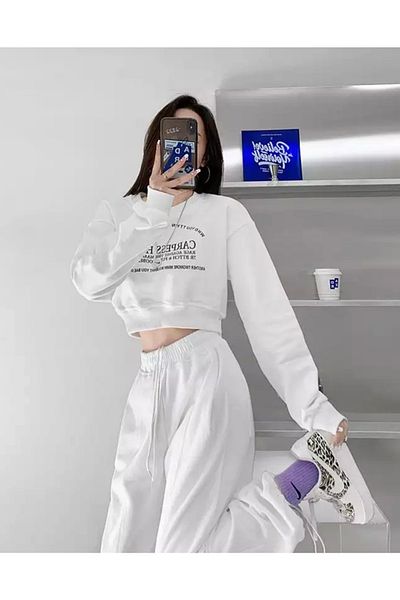 BE QUEEN Special Production Carpess Hili Printed 100% Cotton Full Winter Oversize Crop Women's Tracksuit Set