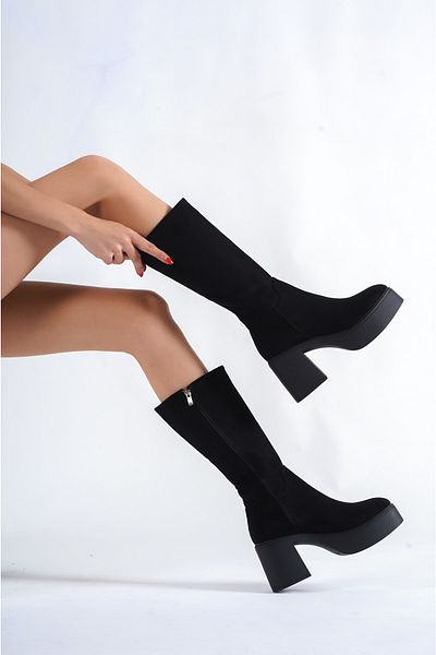 Buem Cizme cu toc inalt din piele intoarsa neagra