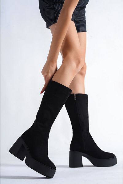 Buem Cizme cu toc inalt din piele intoarsa neagra