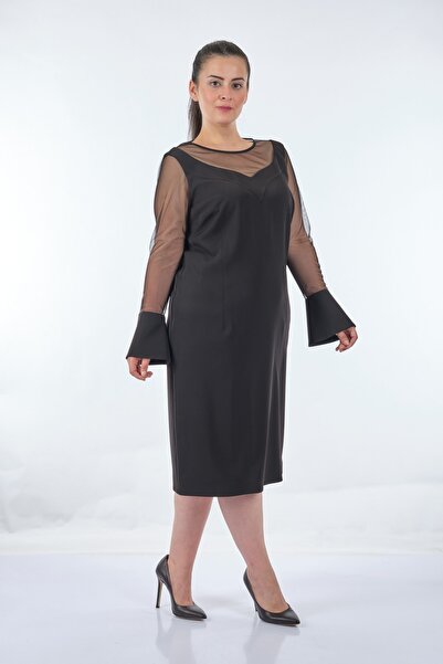 Ekol Round Neck Large Size Tulle Detailed Long Sleeve Black Women's Dress22204507