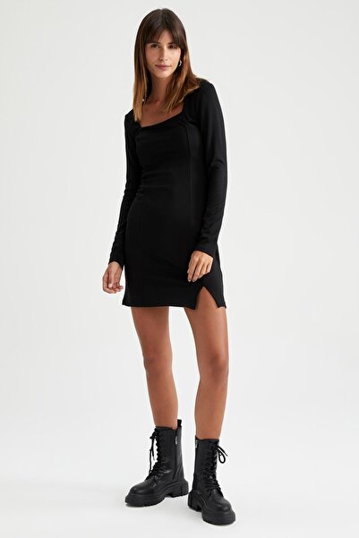 DeFacto Bodycon prémiové mini šaty s dlouhým rukávem s čtvercovým výstřihem