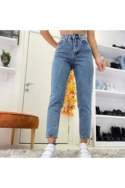LİMABEL Love Medium Blue Mom Denim Pantaloni Lycra Talie Înaltă Blue Snow Washed Mom Jeans Extra Confortabil