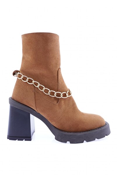 DGN Round Toe Chain Detailed Women's Heeled Boots Brown Fediye Suede 26543285