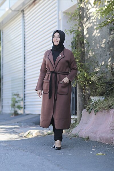 Zey&Ka Butik Büyük Beden Biyeli Kemerli Çelik Örme Cepli Triko Giy Çık Kap Ceket