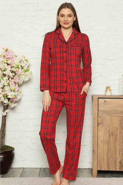 ALİMER 2563 Model Plaid Red Maternity Pajama Set - Front Buttoned