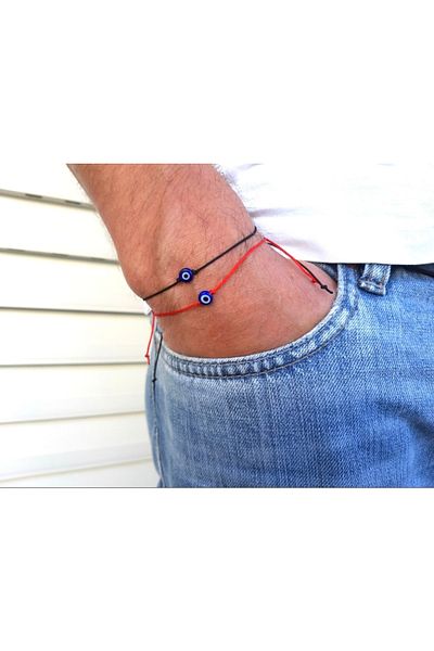 Atelier Çağla Red Black Bracelet with Double Evil Eye Beads