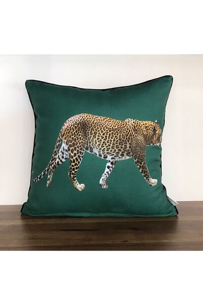 KIRLENTİM E812a-4343 غطاء وسادة منقوش بنقشة الفهد باللون الأخضر مع حواف أرضية...