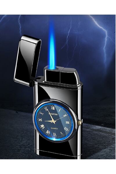 hediyeconcepti Rüzgar Geçirmez Işıklı Saatli Çakmak Siyah