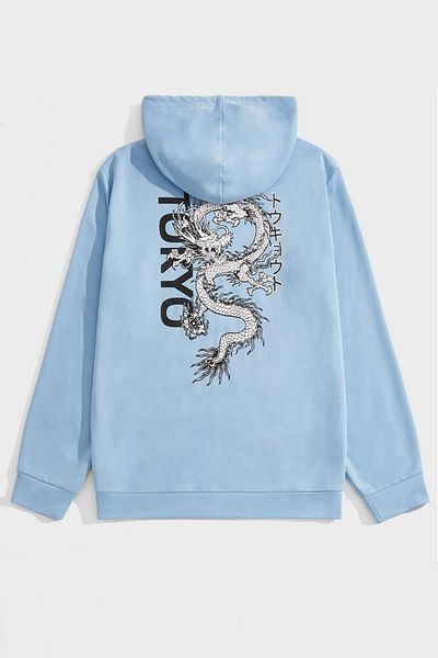MODAGEN Φούτερ Unisex Baby Blue Tokyo Dragon με στάμπα με κουκούλα oversize