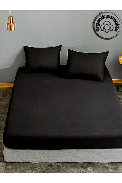 Lotusline طقم ملاءات قطنية فاخرة مزدوجة - 160*200 أسود مع وسائد مرنة