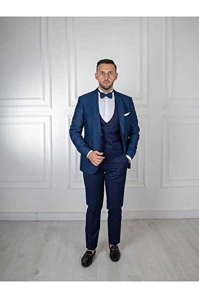 Sarar Interview Special Slim Fit Açık Lacivert Yelekli Smokin