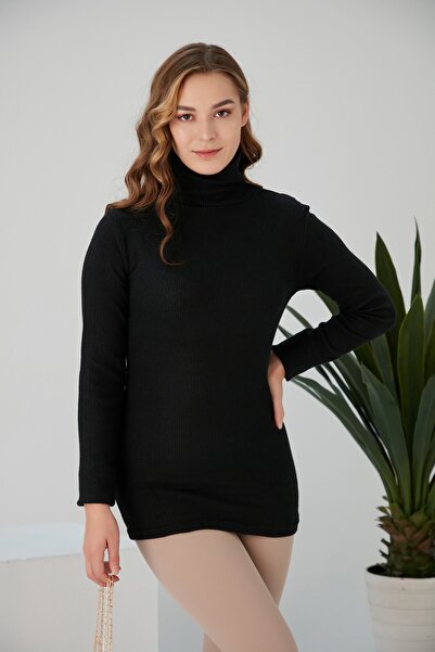 CATSPY Women's Black Ribbed Turtleneck Sweater
