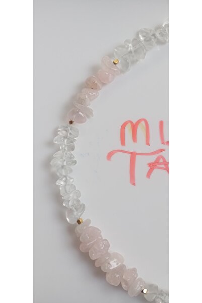 Mudita Tasarım Pembe Kuvars, Kristal Kuvars Küp Metal Detaylı Kolye