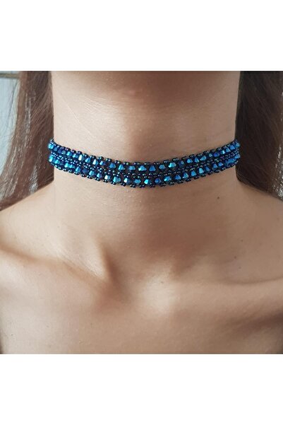 Handmade By HLY Antique Blue Choker Bijouterie Necklace with Handmade Crystal Stones