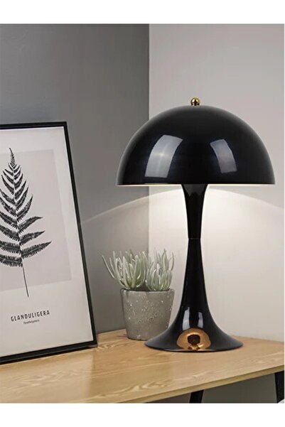 AG LightDesign Gold Detaylı Siyah Metal Mantar Abajur Modern Yatak Odası Salo...