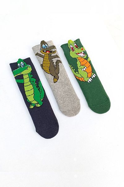 MEM SOCKS Комплект от 3 детски чорапи с 3D динозавърски мотиви, неплъзгащи се