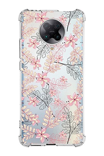 PrintiFy Xiaomi Poco F2 Pro Köşe Korumalı Antişok Kapak Floral Kırmızı Tasarımlı Şeffaf Silikon Kılıf