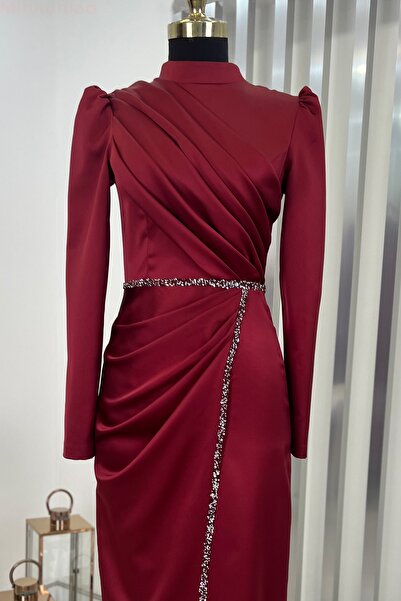 Rana Zenn Satin Sare Evening Dress - Burgundy