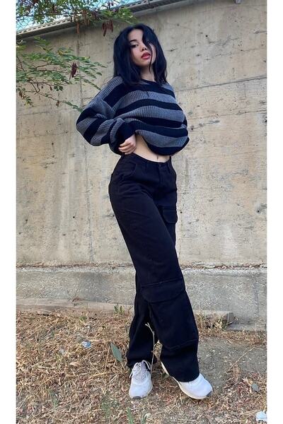 Touz Gri Siyah Çizgili Streetwear Oversize Triko Kazak