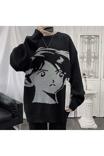 Touz Anime Girl &amp; Boy Harajuku Vintage Streetwear Pulover Unisex Negru Tricotaj