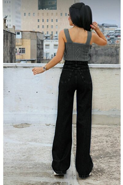 modazoom Kadın Kot Denim Siyah Yüksek Bel Palazzo Pantolon