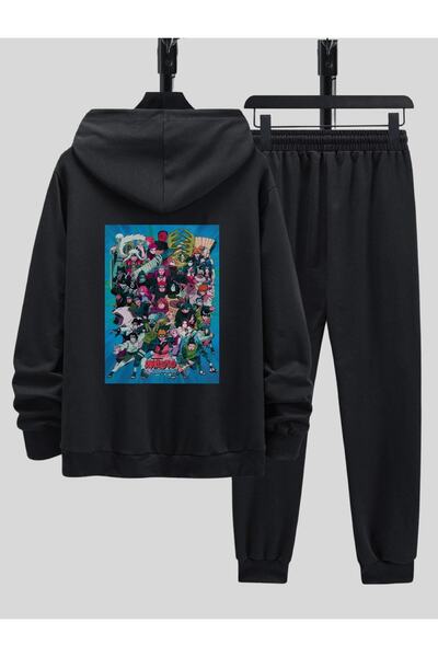 Deocept Combinație de hanorac și pantaloni de trening cu imprimeu Naruto Team pentru bărbați