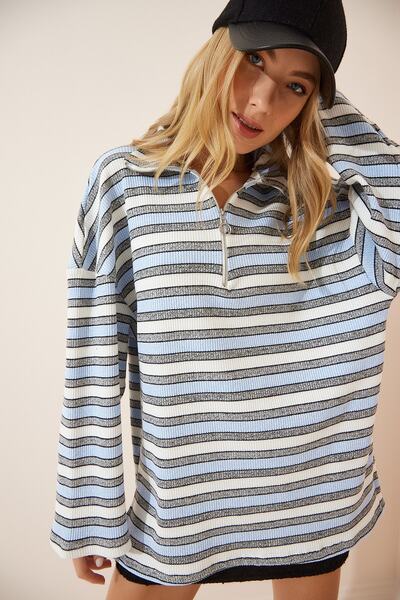 Happiness İstanbul Bluză lungă tricotată oversize cu fermoar în dungi albastre pentru femei NV00043