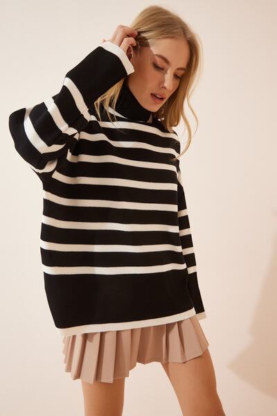 Happiness İstanbul Pulover de damă, negru, cu gât roscat, supradimensionat, cu dungi BV00014