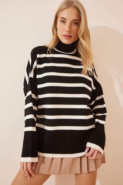 Happiness İstanbul Pulover de damă, negru, cu gât roscat, supradimensionat, cu dungi BV00014