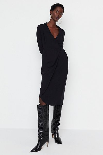 Trendyol Collection Λεπτομερές υφαντό φόρεμα μαύρο γιακά TWOAW23EL01114
